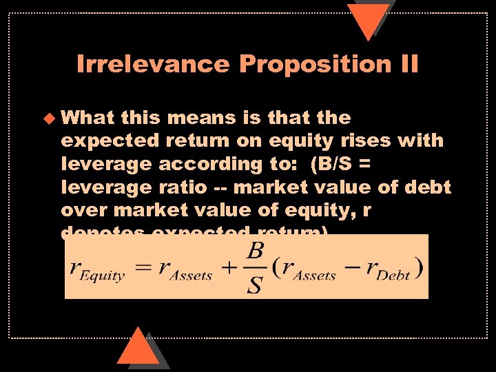 Irrelevance Proposition II u What this means is that the expected return on equity