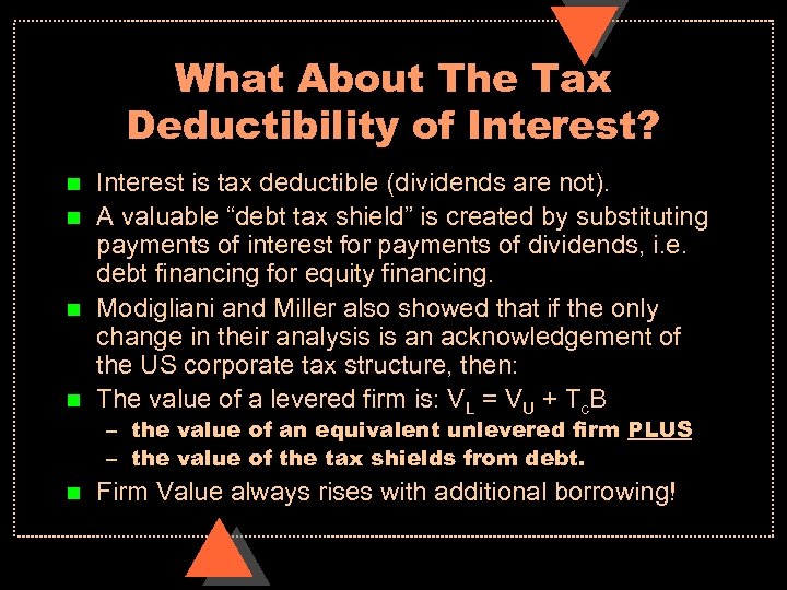 What About The Tax Deductibility of Interest? n n Interest is tax deductible (dividends
