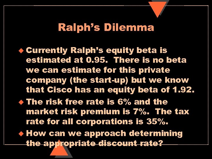 Ralph’s Dilemma u Currently Ralph’s equity beta is estimated at 0. 95. There is