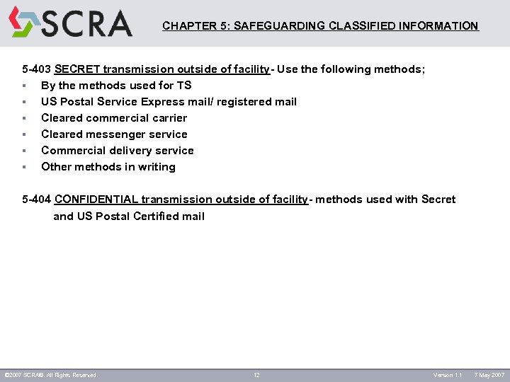 CHAPTER 5: SAFEGUARDING CLASSIFIED INFORMATION 5 -403 SECRET transmission outside of facility- Use the