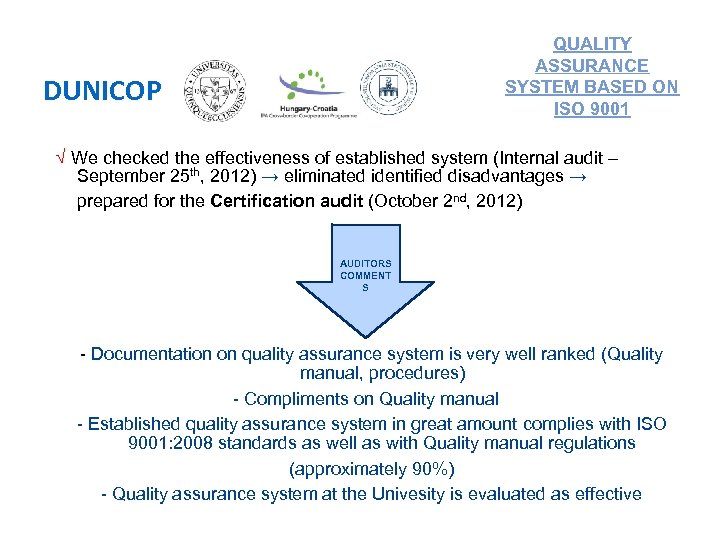 QUALITY ASSURANCE SYSTEM BASED ON ISO 9001 DUNICOP √ We checked the effectiveness of