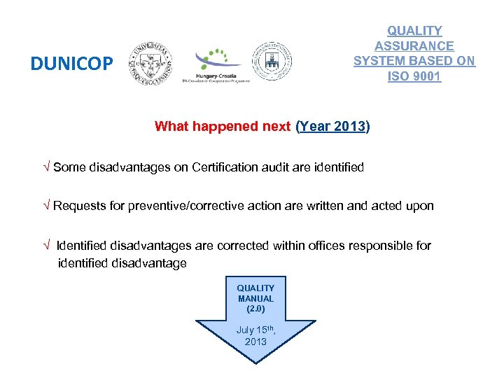 QUALITY ASSURANCE SYSTEM BASED ON ISO 9001 DUNICOP What happened next (Year 2013) √