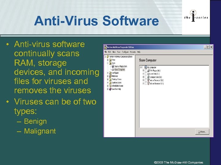 Anti-Virus Software • Anti-virus software continually scans RAM, storage devices, and incoming files for