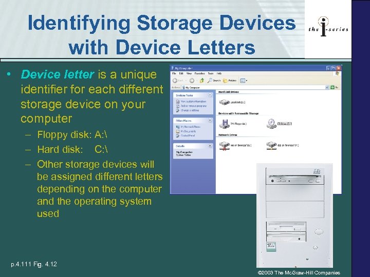Identifying Storage Devices with Device Letters • Device letter is a unique identifier for