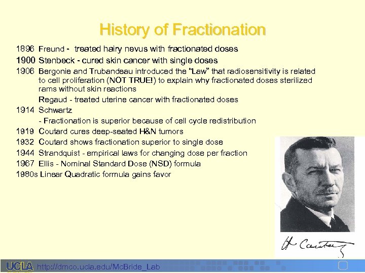 History of Fractionation 1896 Freund - treated hairy nevus with fractionated doses 1900 Stenbeck