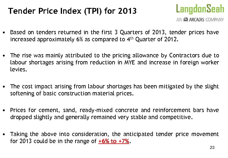 Tender Price Index (TPI) for 2013 • Based on tenders returned in the first