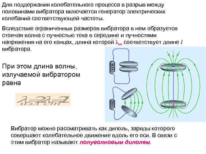 Для поддержания колебательного процесса в разрыв между половинами вибратора включается генератор электрических колебаний соответствующей