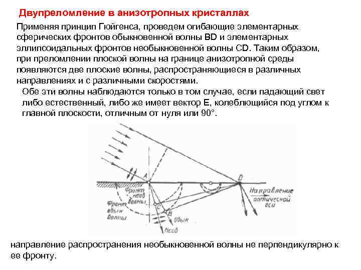 Двупреломление в анизотропных кристаллах Применяя принцип Гюйгенса, проведем огибающие элементарных сферических фронтов обыкновенной волны