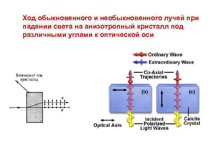 Ход обыкновенного и необыкновенного лучей при падении света на анизотропный кристалл под различными углами