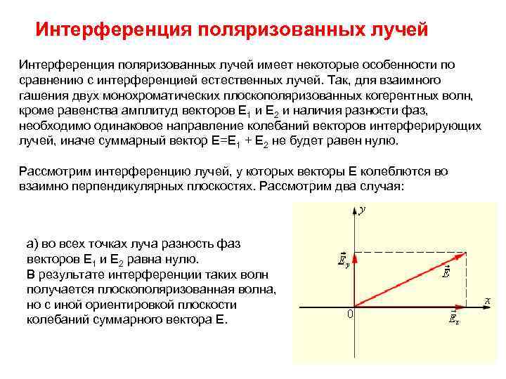 Интерференция поляризованных лучей имеет некоторые особенности по сравнению с интерференцией естественных лучей. Так, для