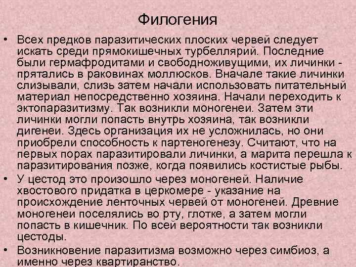 Филогения • Всех предков паразитических плоских червей следует искать среди прямокишечных турбеллярий. Последние были