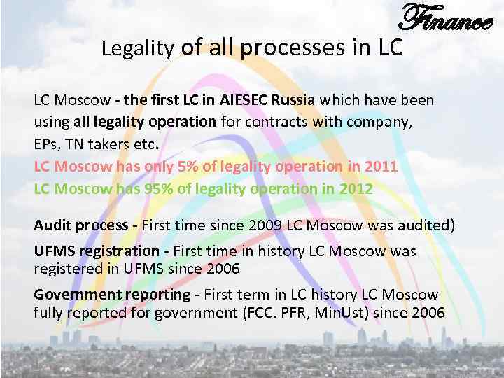 Finance Legality of all processes in LC LC Moscow - the first LC in