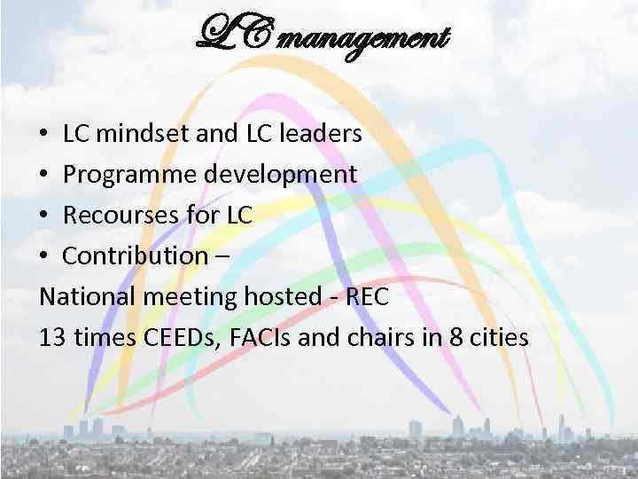 LC management • LC mindset and LC leaders • Programme development • Recourses for