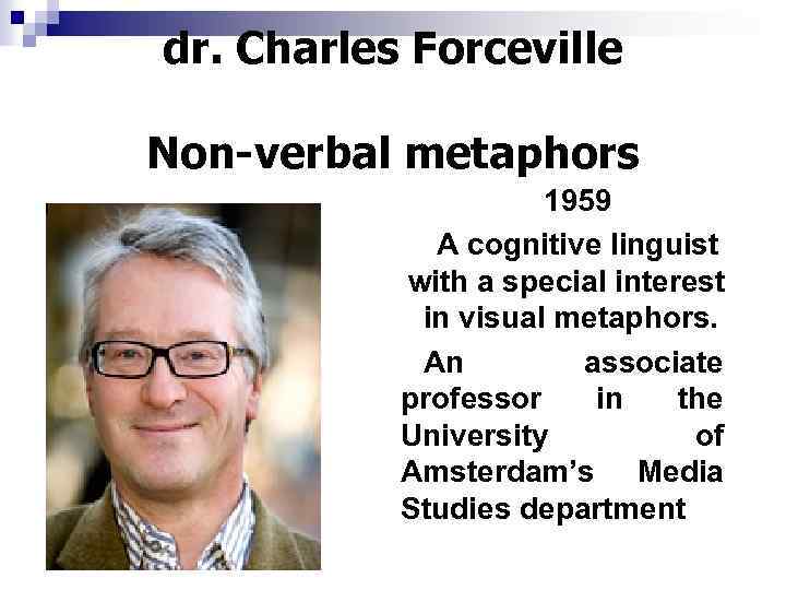 dr. Charles Forceville Non-verbal metaphors 1959 A cognitive linguist with a special interest in