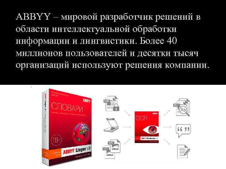 ABBYY – мировой разработчик решений в области интеллектуальной обработки информации и лингвистики. Более 40