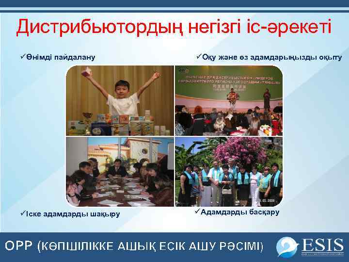 Дистрибьютордың негізгі іс-әрекеті üӨнімді пайдалану üОқу және өз адамдарыңызды оқыту üІске адамдарды шақыру üАдамдарды