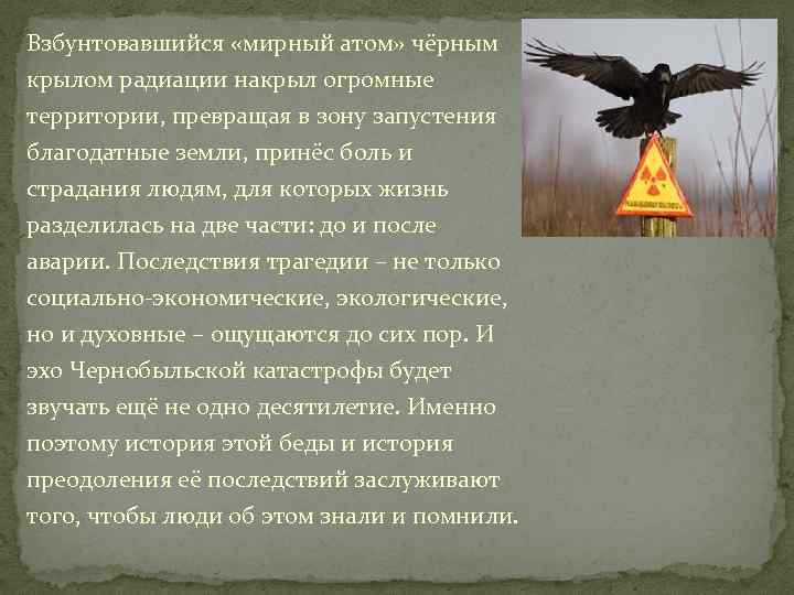 Взбунтовавшийся «мирный атом» чёрным крылом радиации накрыл огромные территории, превращая в зону запустения благодатные