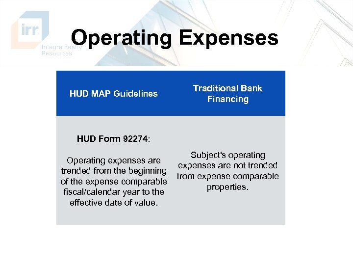 Operating Expenses HUD MAP Guidelines Traditional Bank Financing HUD Form 92274: Operating expenses are