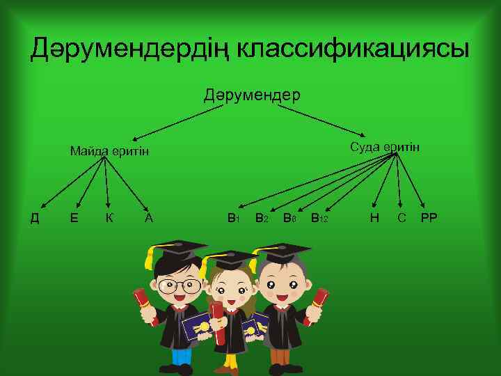 Дәрумендердің классификациясы Дәрумендер Суда еритін Майда еритін Д Е К А В 1 В