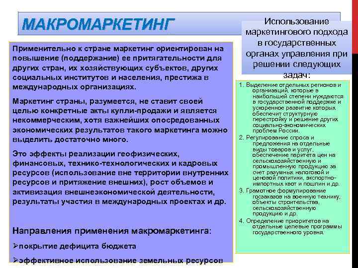 МАКРОМАРКЕТИНГ Применительно к стране маркетинг ориентирован на повышение (поддержание) ее притягательности для других стран,