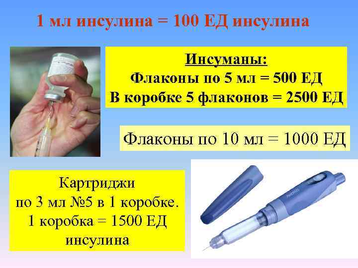 1 мл инсулина = 100 ЕД инсулина Инсуманы: Флаконы по 5 мл = 500