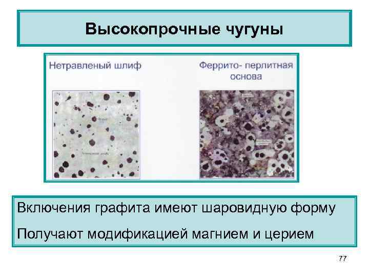 Высокопрочные чугуны Включения графита имеют шаровидную форму Получают модификацией магнием и церием 77 