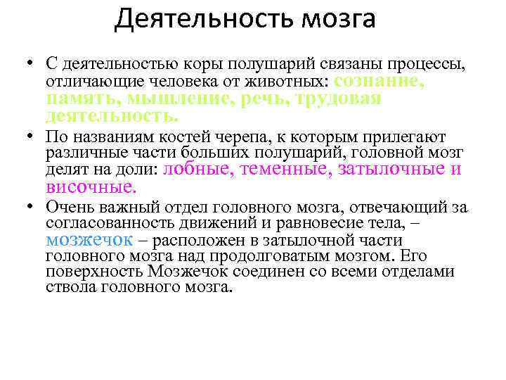 Деятельность мозга • С деятельностью коры полушарий связаны процессы, отличающие человека от животных: сознание,