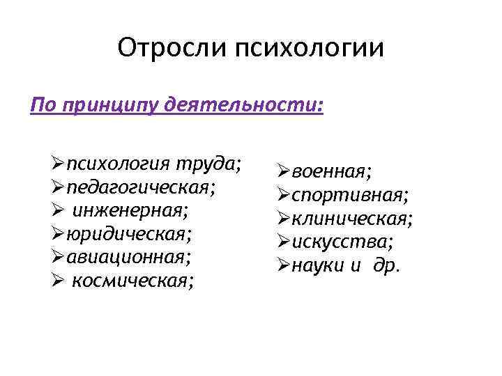 Отросли психологии По принципу деятельности: Øпсихология труда; Øпедагогическая; Ø инженерная; Øюридическая; Øавиационная; Ø космическая;