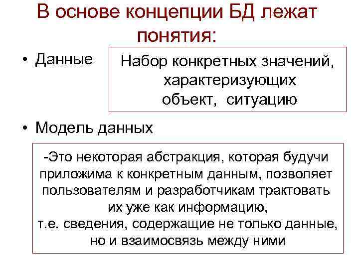 В основе концепции БД лежат понятия: • Данные Набор конкретных значений, характеризующих объект, ситуацию