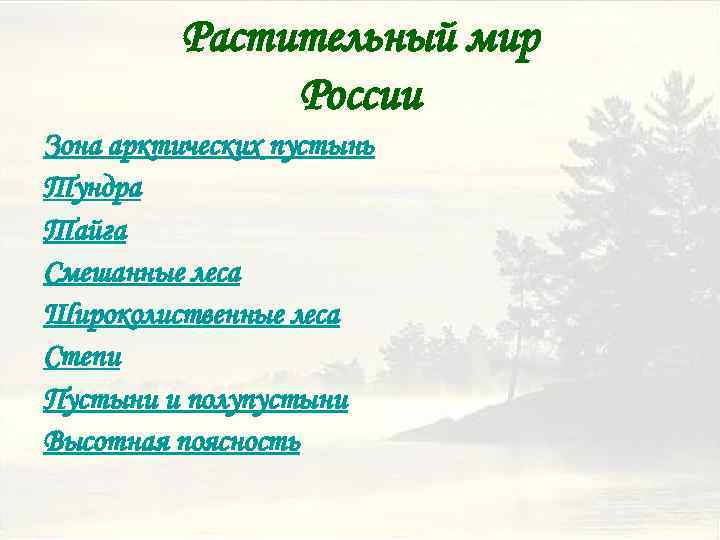 Растительный мир России Зона арктических пустынь Тундра Тайга Смешанные леса Широколиственные леса Степи Пустыни