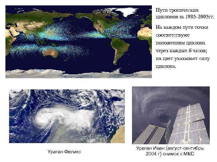 Пути тропических циклонов за 1985 -2005 гг. На каждом пути точки соответствуют положениям циклона