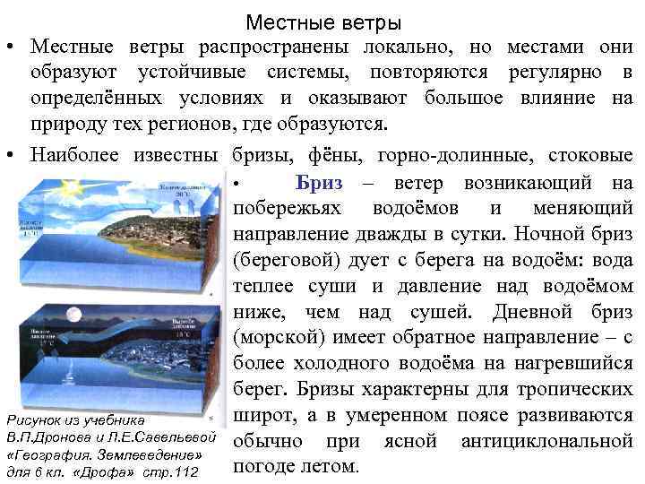 Местные ветры • Местные ветры распространены локально, но местами они образуют устойчивые системы, повторяются
