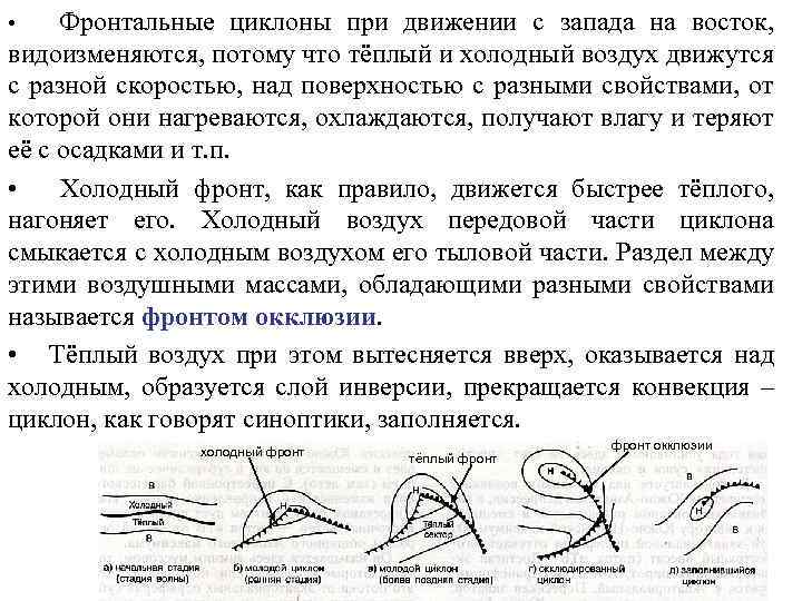 Фронтальные циклоны при движении с запада на восток, видоизменяются, потому что тёплый и холодный