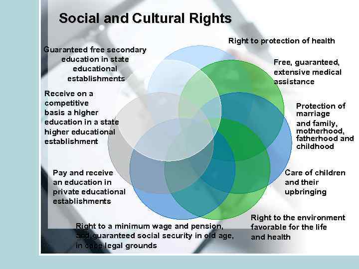 Social and Cultural Rights Guaranteed free secondary education in state educational establishments Right to