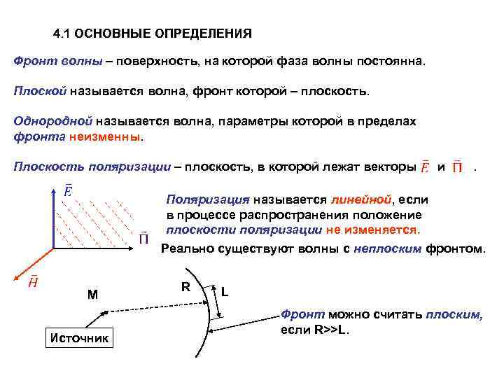 4. 1 ОСНОВНЫЕ ОПРЕДЕЛЕНИЯ Фронт волны – поверхность, на которой фаза волны постоянна. Плоской