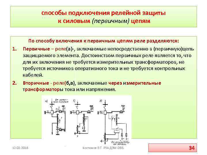 способы подключения релейной защиты к силовым (первичным) цепям 1. 2. По способу включения к