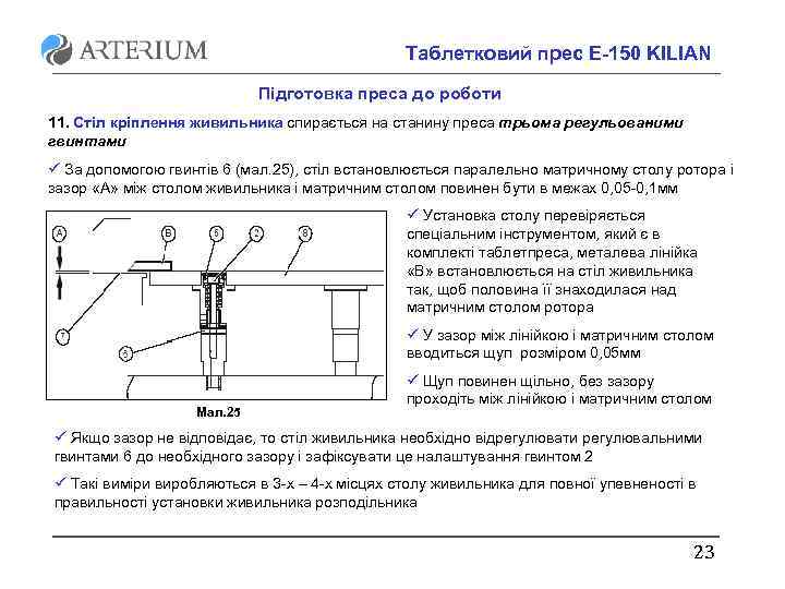 Таблетковий прес E-150 KILIAN Підготовка преса до роботи 11. Стіл кріплення живильника спирається на