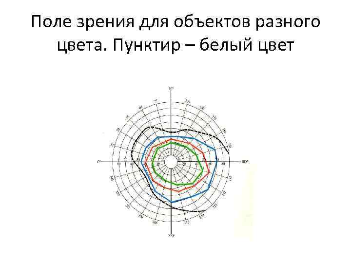 Поле зрения для объектов разного цвета. Пунктир – белый цвет 