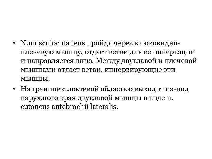  • N. musculocutaneus пройдя через клювовидноплечевую мышцу, отдает ветви для ее иннервации и