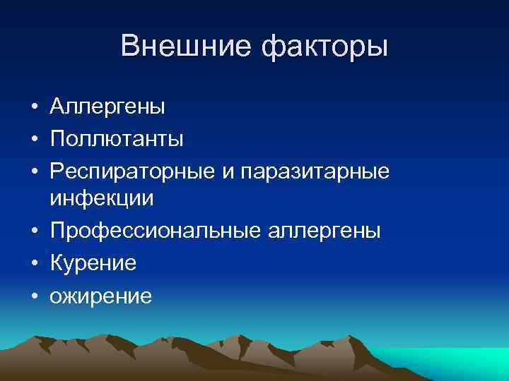 Внешние факторы • Аллергены • Поллютанты • Респираторные и паразитарные инфекции • Профессиональные аллергены