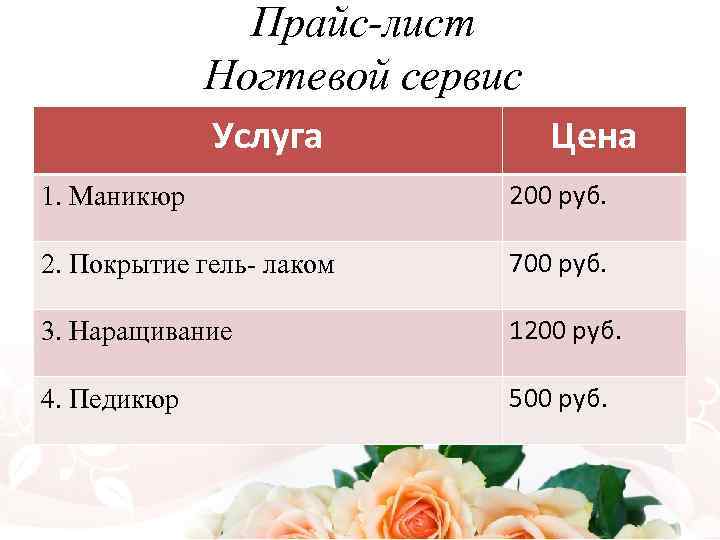 Прайс-лист Ногтевой сервис Услуга Цена 1. Маникюр 200 руб. 2. Покрытие гель- лаком 700