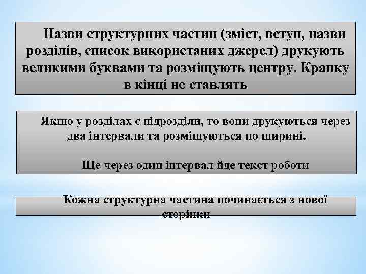 Назви структурних частин (зміст, вступ, назви розділів, список використаних джерел) друкують великими буквами та