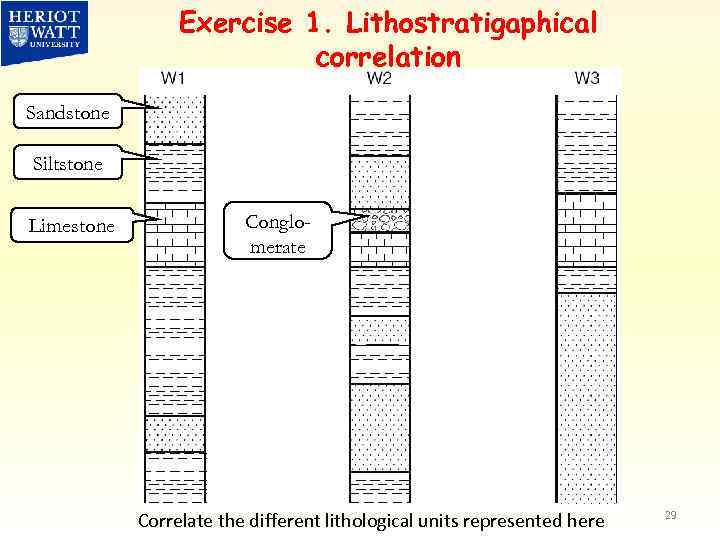 Exercise 1. Lithostratigaphical correlation Sandstone Siltstone Limestone Conglomerate Correlate the different lithological units represented