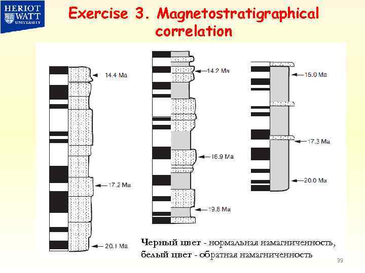 Exercise 3. Magnetostratigraphical correlation Черный цвет - нормальная намагниченность, белый цвет - обратная намагниченность