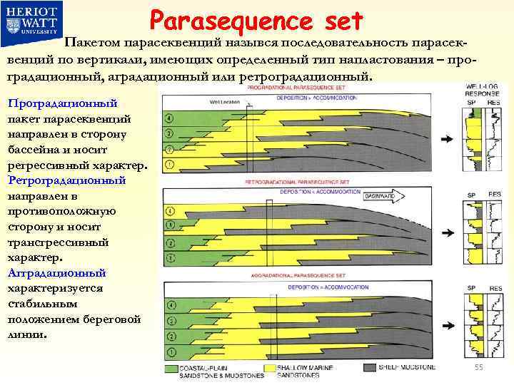 Parasequence set Пакетом парасеквенций назывся последовательность парасеквенций по вертикали, имеющих определенный тип напластования –