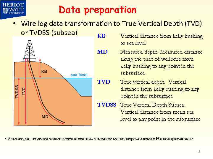 Data preparation • Wire log data transformation to True Vertical Depth (TVD) or TVDSS