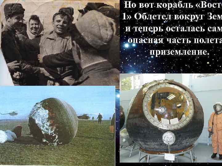 Но вот корабль «Восто 1» Облетел вокруг Зем и теперь осталась сам опасная часть