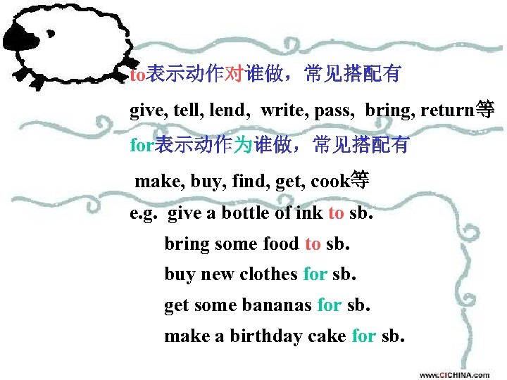 to表示动作对谁做，常见搭配有 give, tell, lend, write, pass, bring, return等 for表示动作为谁做，常见搭配有 make, buy, find, get, cook等