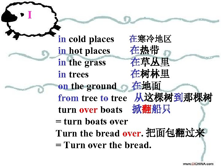 I in cold places 在寒冷地区 in hot places 在热带 in the grass 在草丛里 in