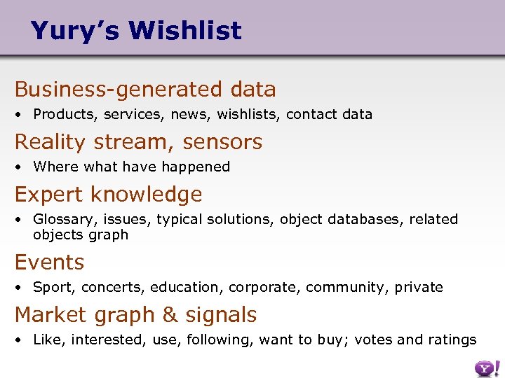 Yury’s Wishlist Business-generated data • Products, services, news, wishlists, contact data Reality stream, sensors